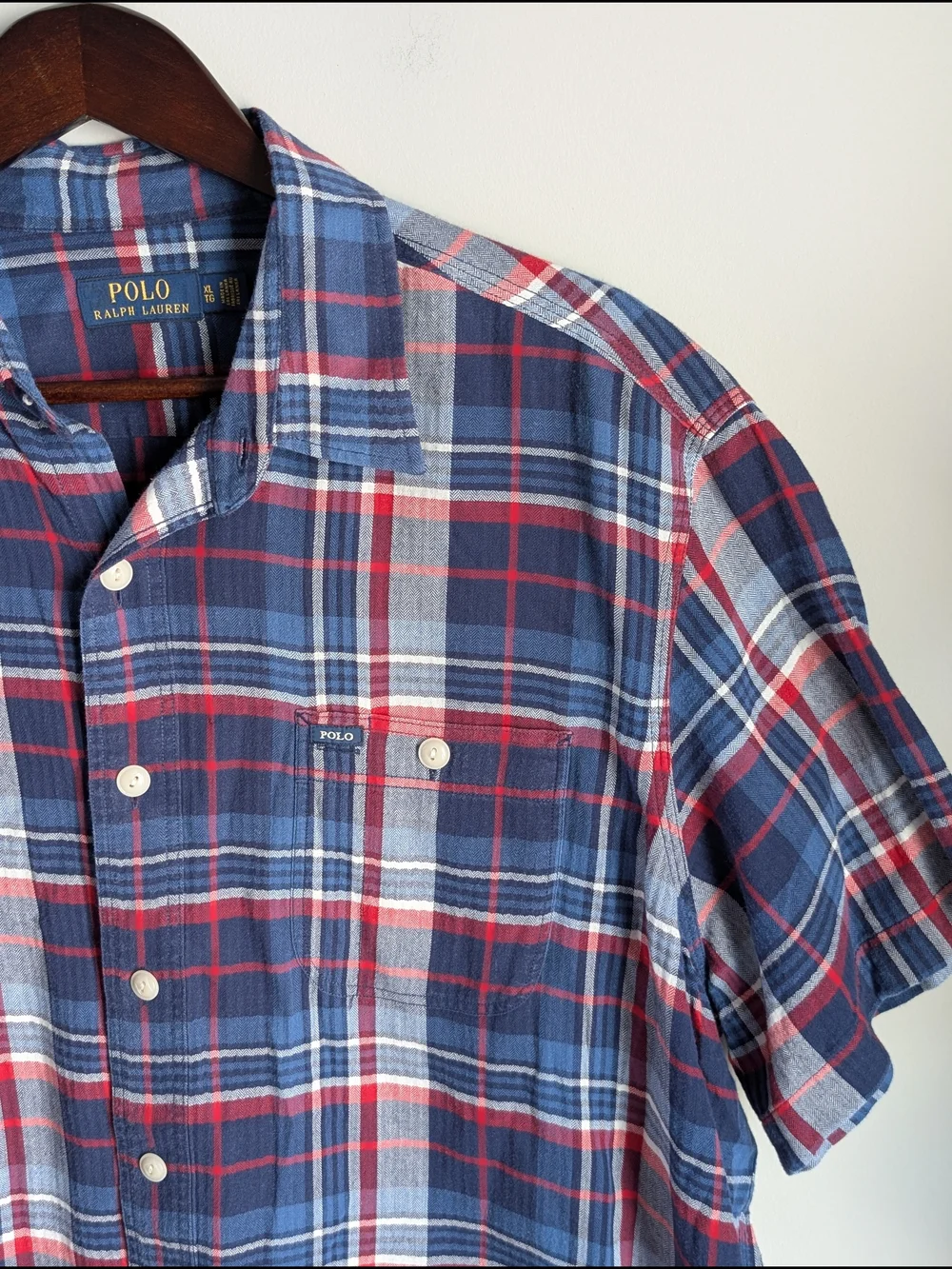 Polo Ralph Lauren Shirt Men XL Short Sleeve Plaid Flannel Button Up Blue Red
